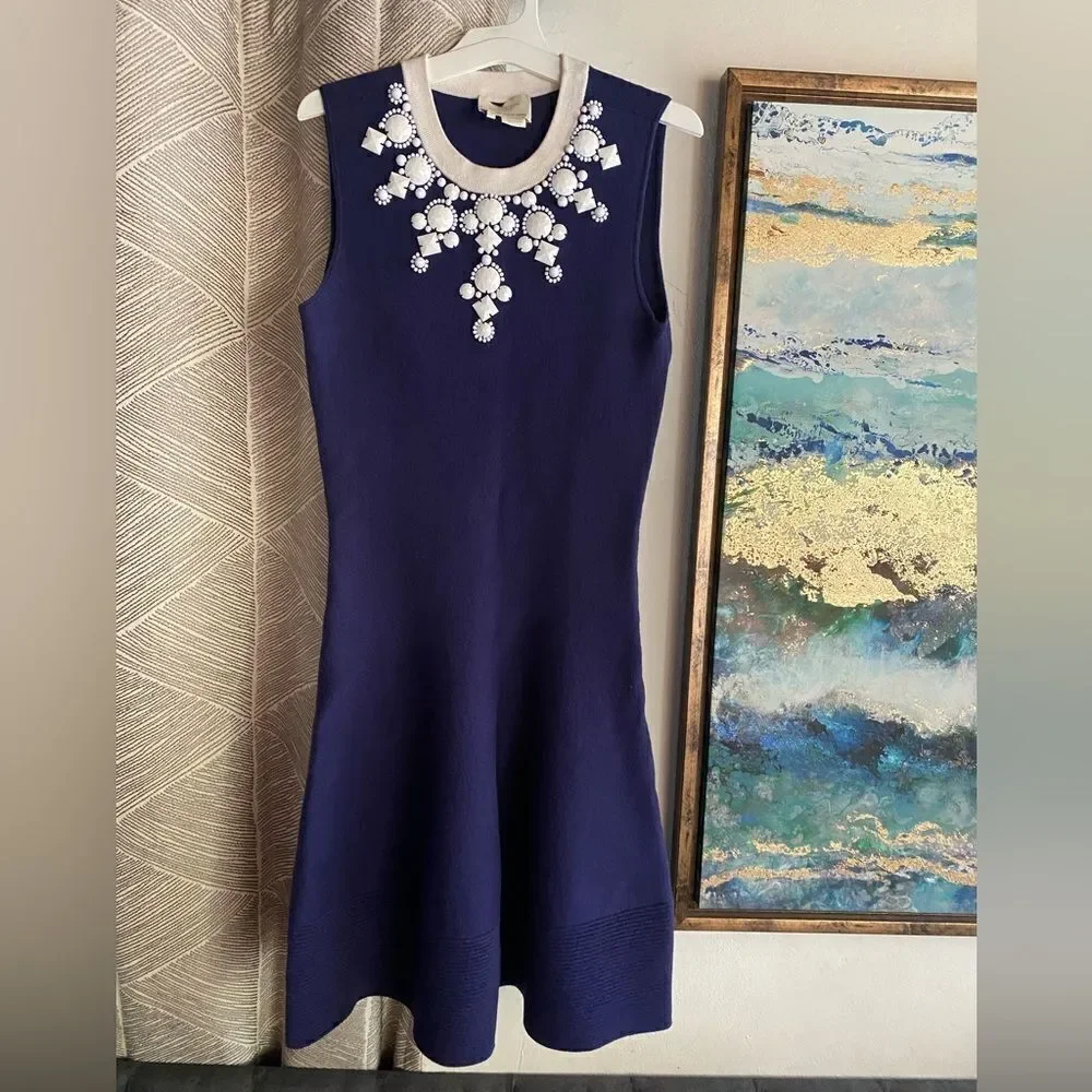 Kate Spade Mini Dress Womens Size Small Navy Sleeveless Jewelry White Cotton